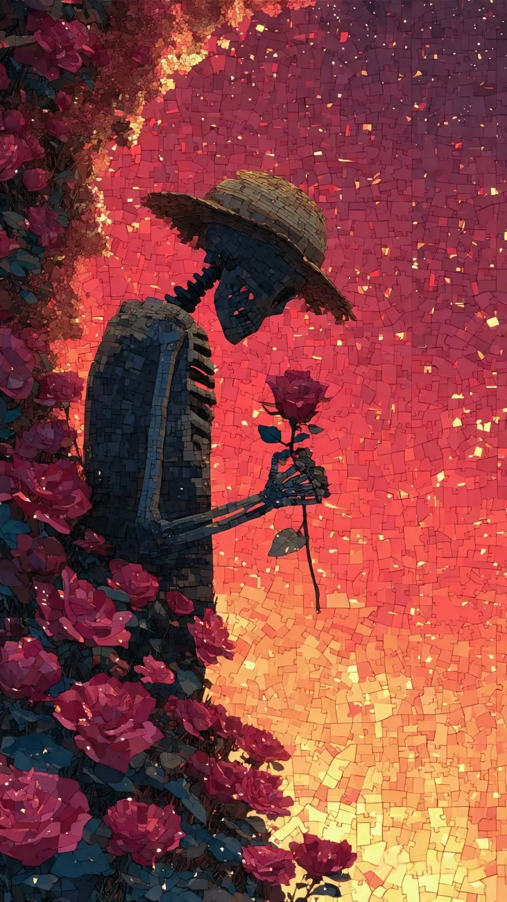 Skeleton Gardener Holding Red Rose vertical phone wallpaper