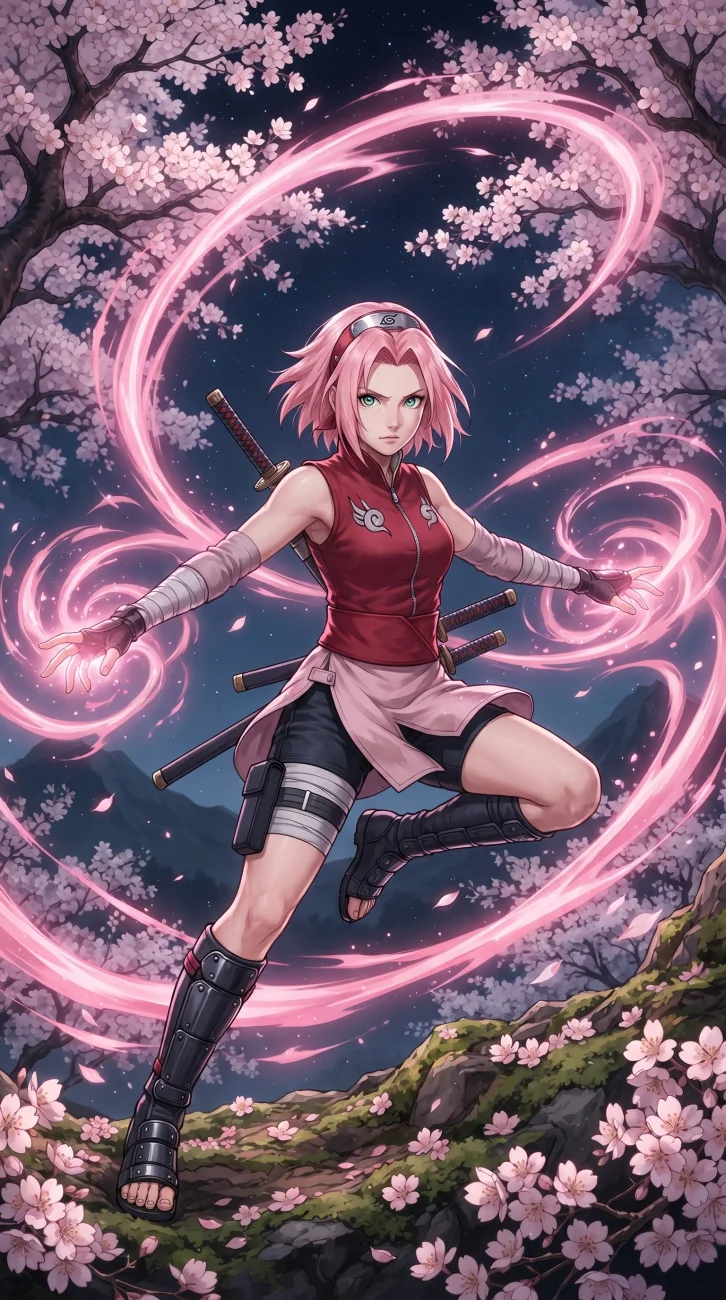 Sakura Haruno from Naruto Shippuden with pink hair and medical chakra activation
