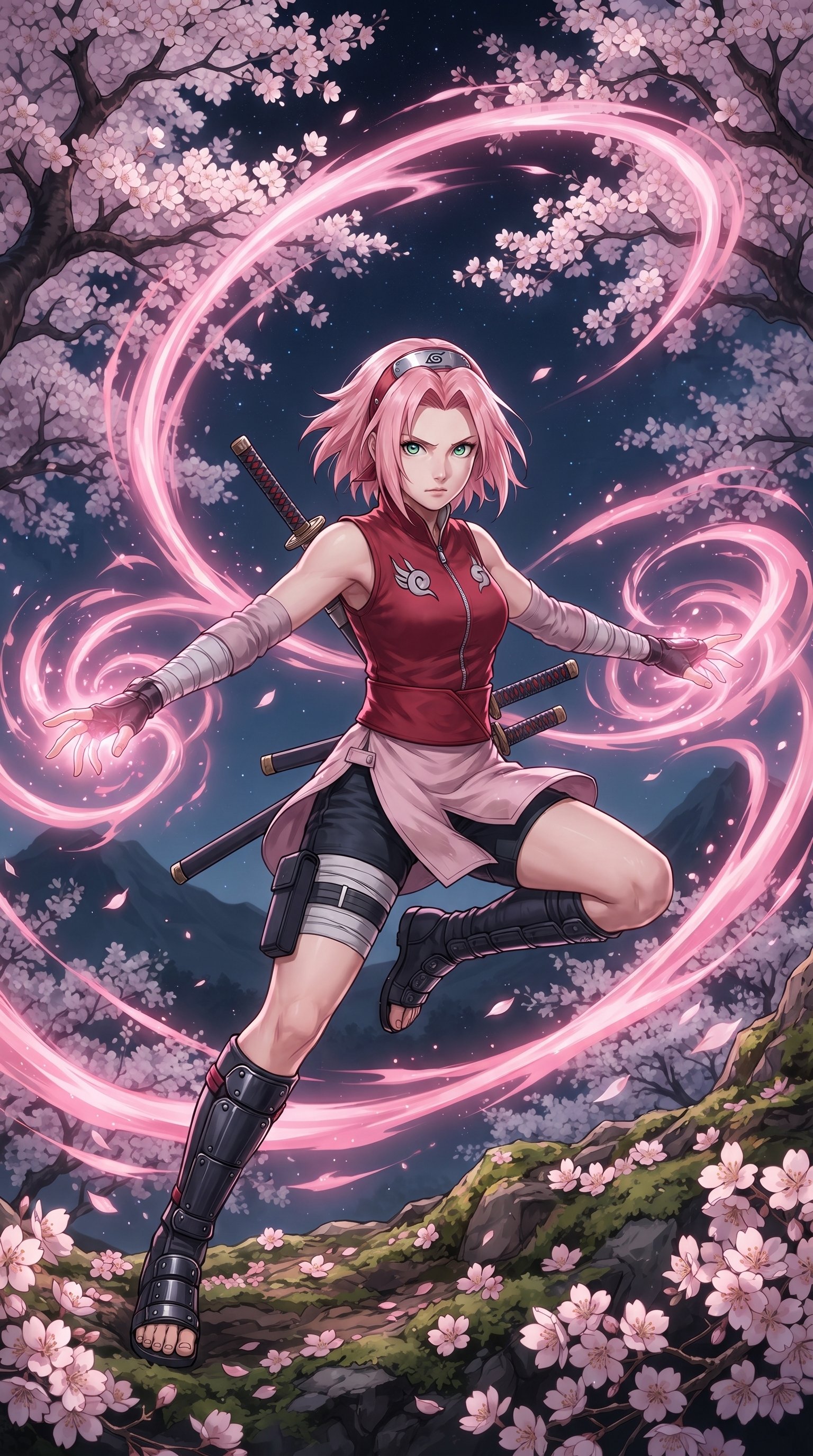 Sakura Haruno from Naruto Shippuden with pink hair and medical chakra activation