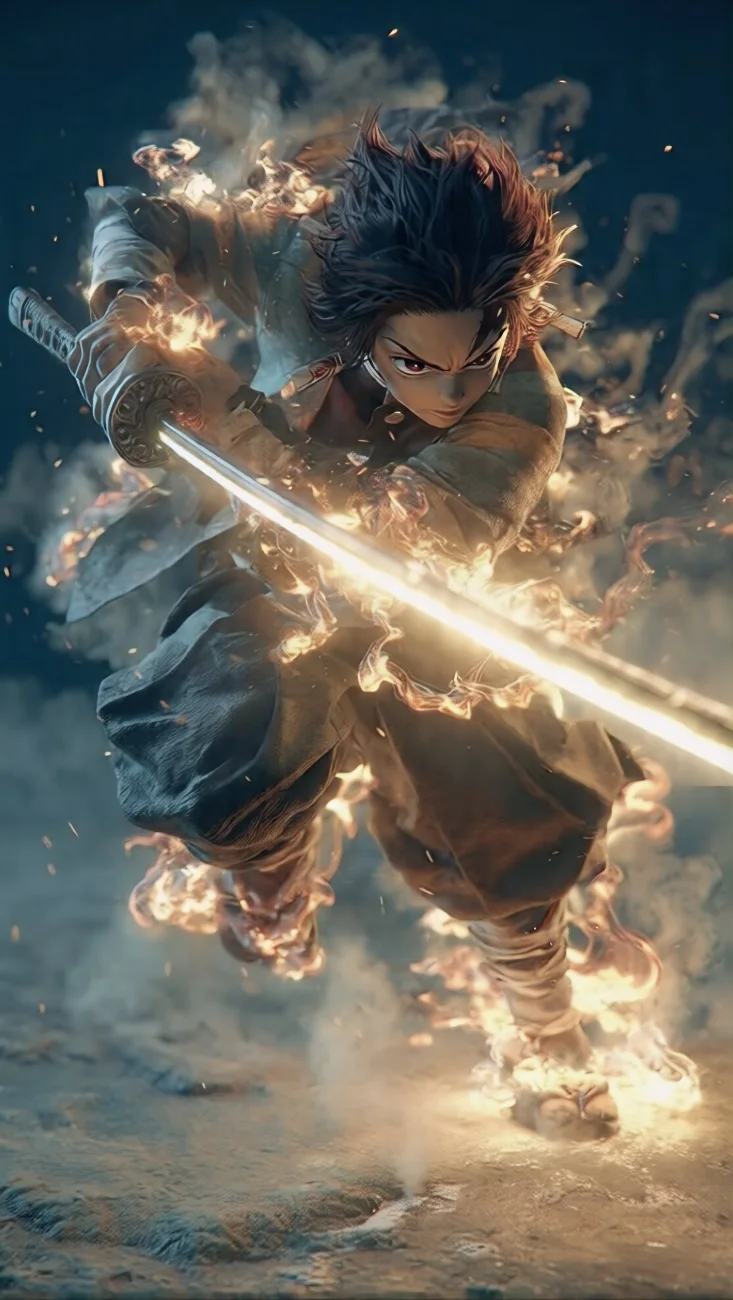 Tanjiro Kamado Flaming Katana Battle vertical phone wallpaper