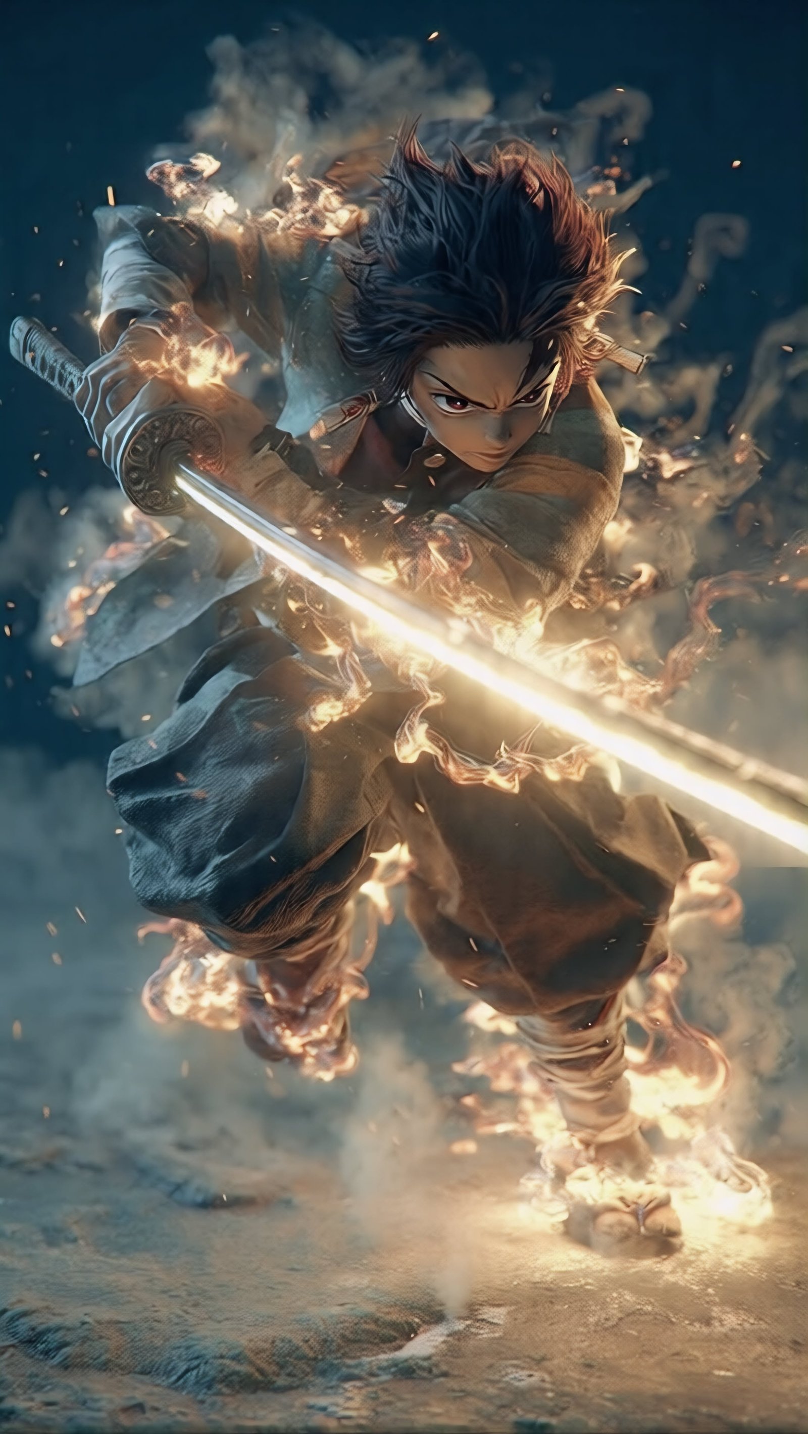 Tanjiro Kamado Flaming Katana Battle vertical phone wallpaper