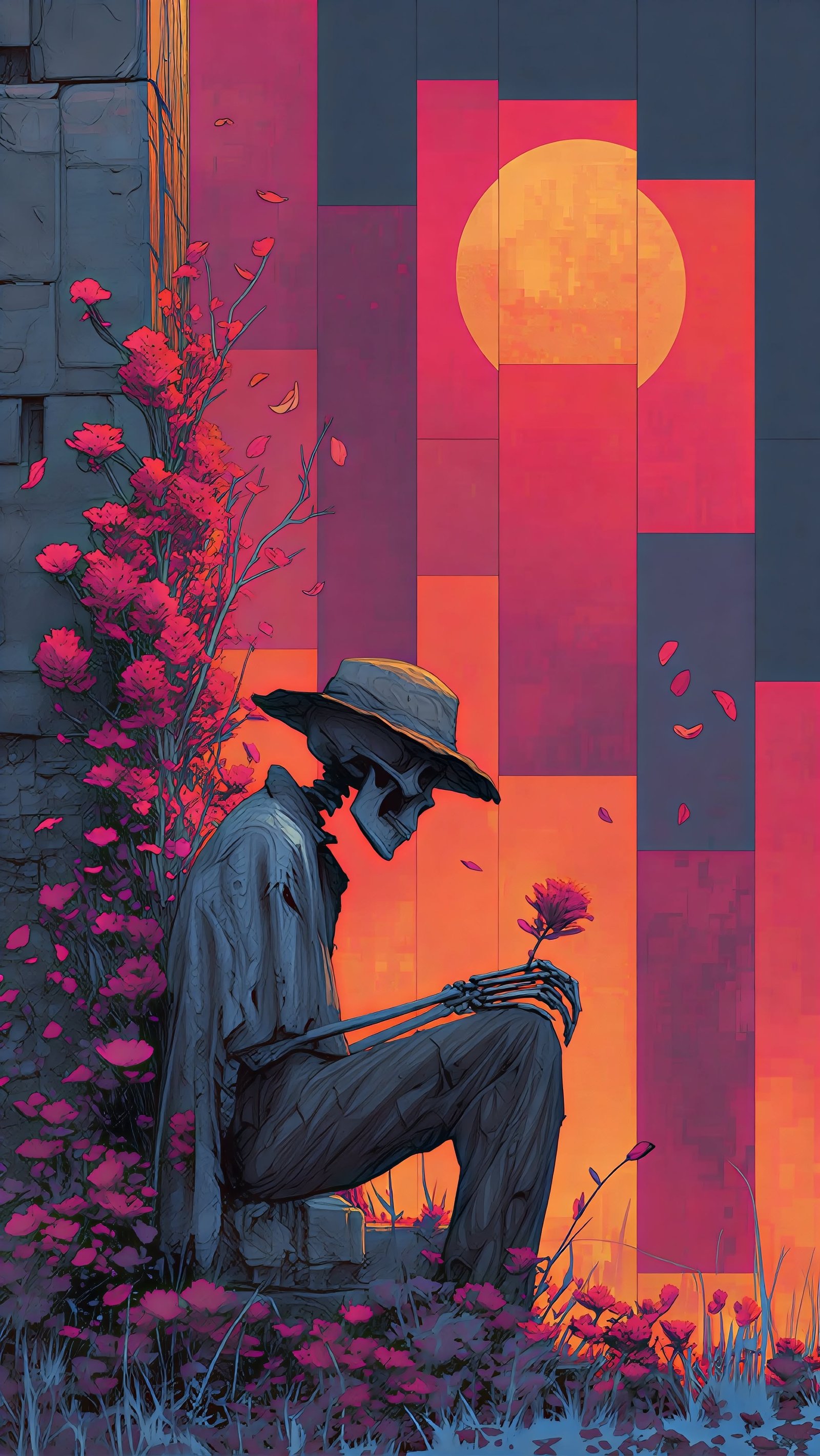 Samurai Resting at Rose Sunset vertical phone wallpaper