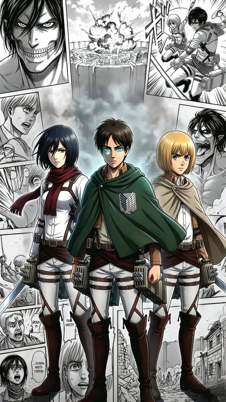 Eren Mikasa Armin Manga Collage vertical phone wallpaper