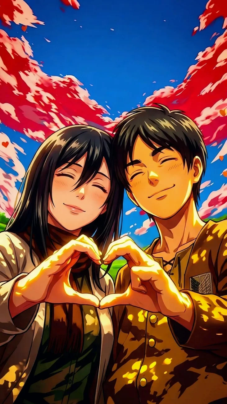 Eren and Mikasa Heart Pose vertical phone wallpaper