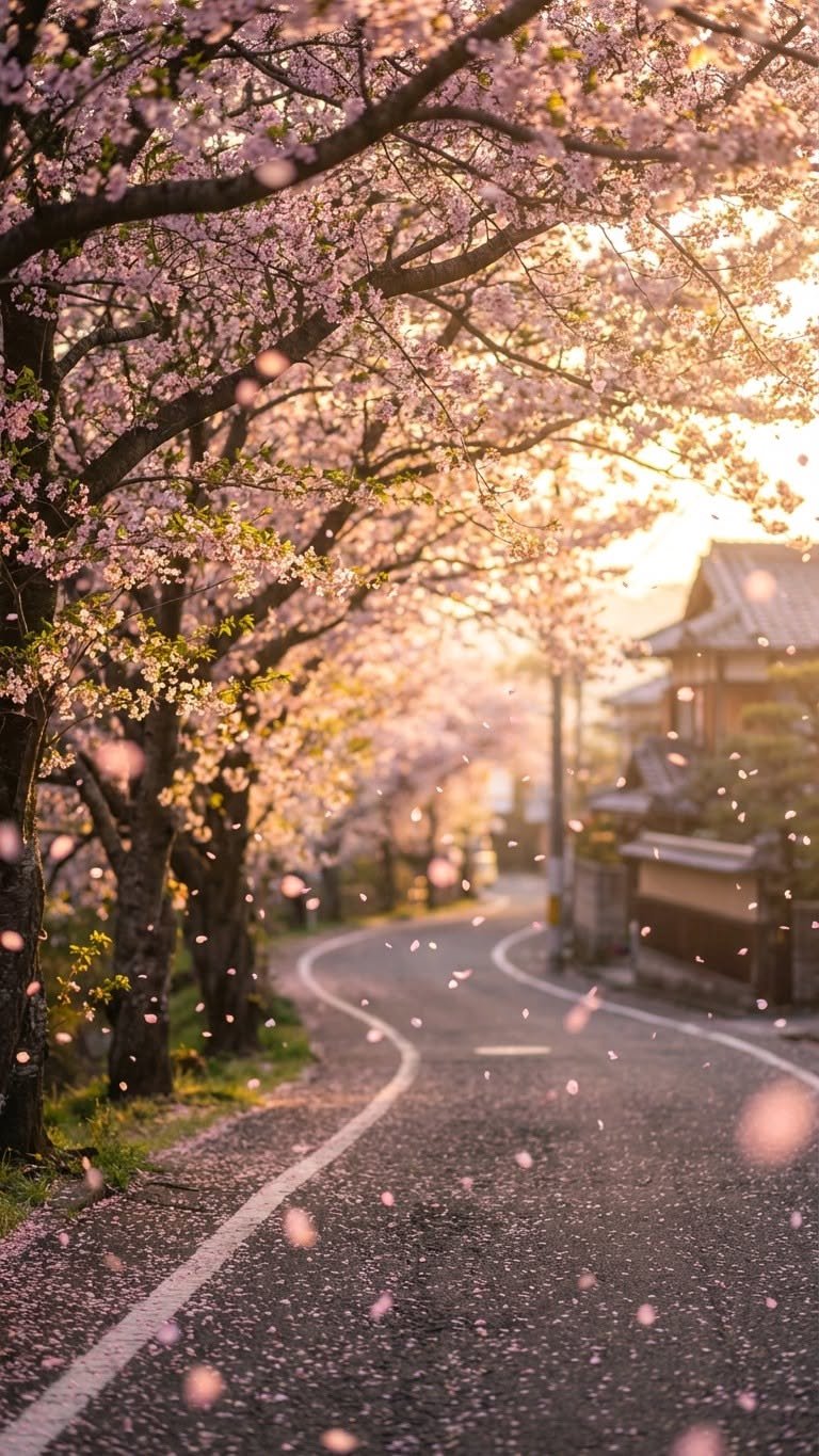 Cherry Blossom Road Spring Anime Scenery vertical phone wallpaper