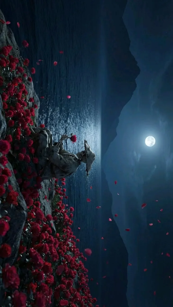 Skeleton Samurai on Moonlit Rose Shore vertical phone wallpaper