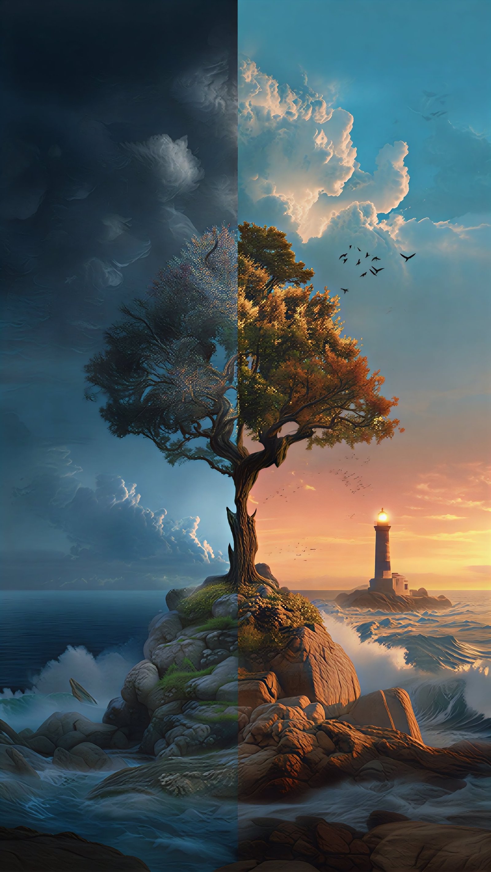 Storm and Sunset Coastal Tree Landscape vertical phone wallpaper