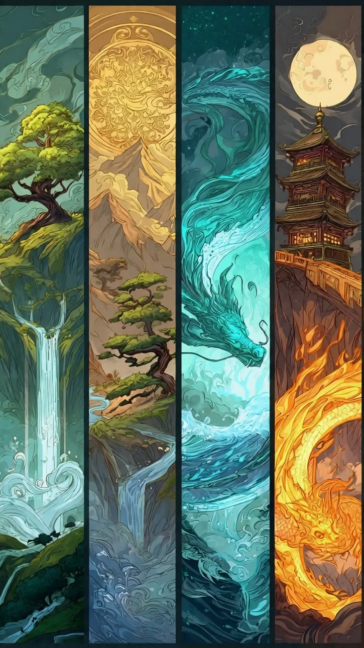 Japanese Elements Four Panel Landscape vertical phone wallpaper