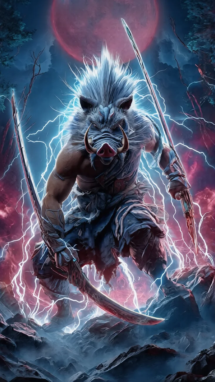 Inosuke Hashibira Lightning Sword Battle vertical phone wallpaper