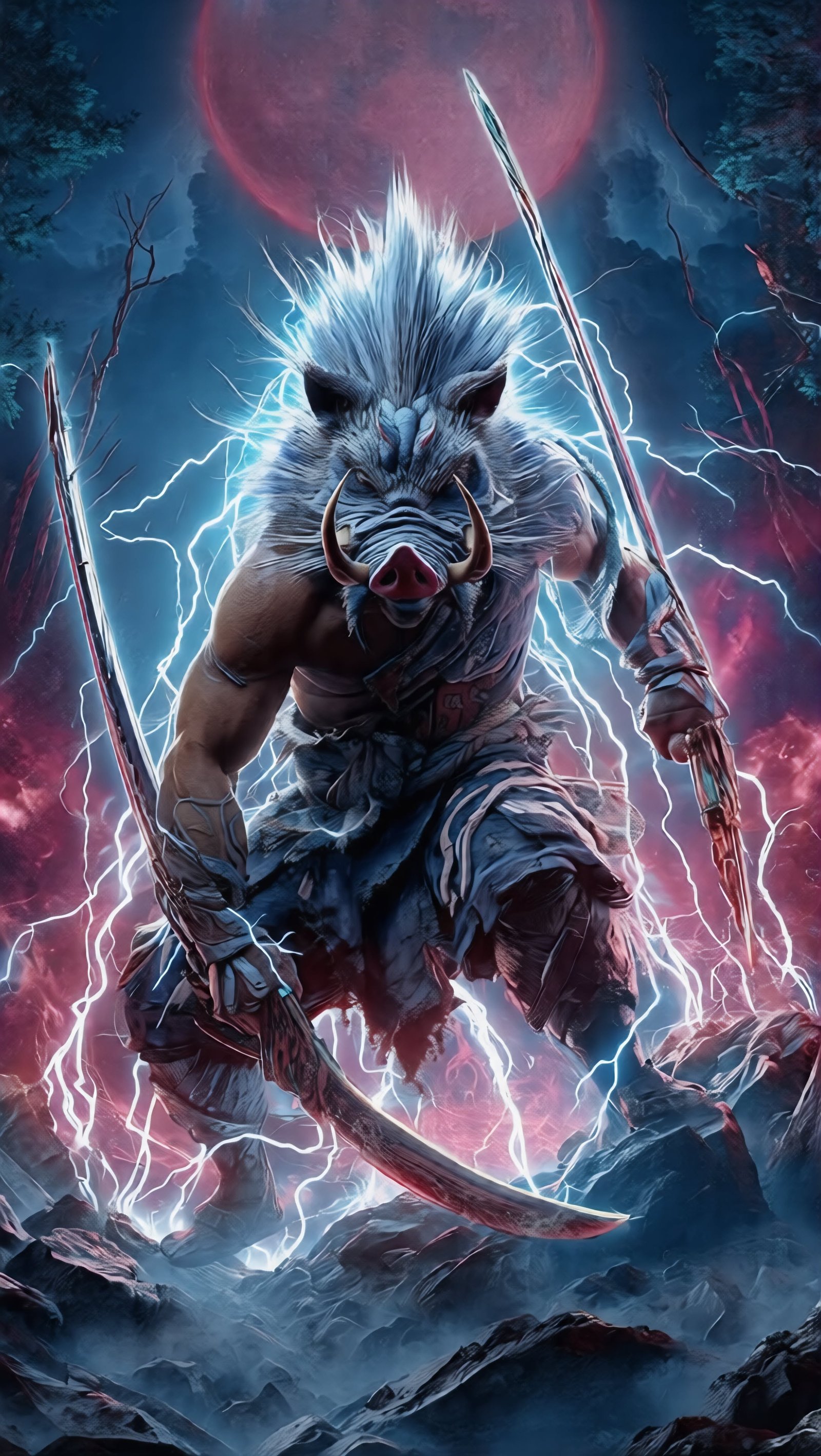 Inosuke Hashibira Lightning Sword Battle vertical phone wallpaper