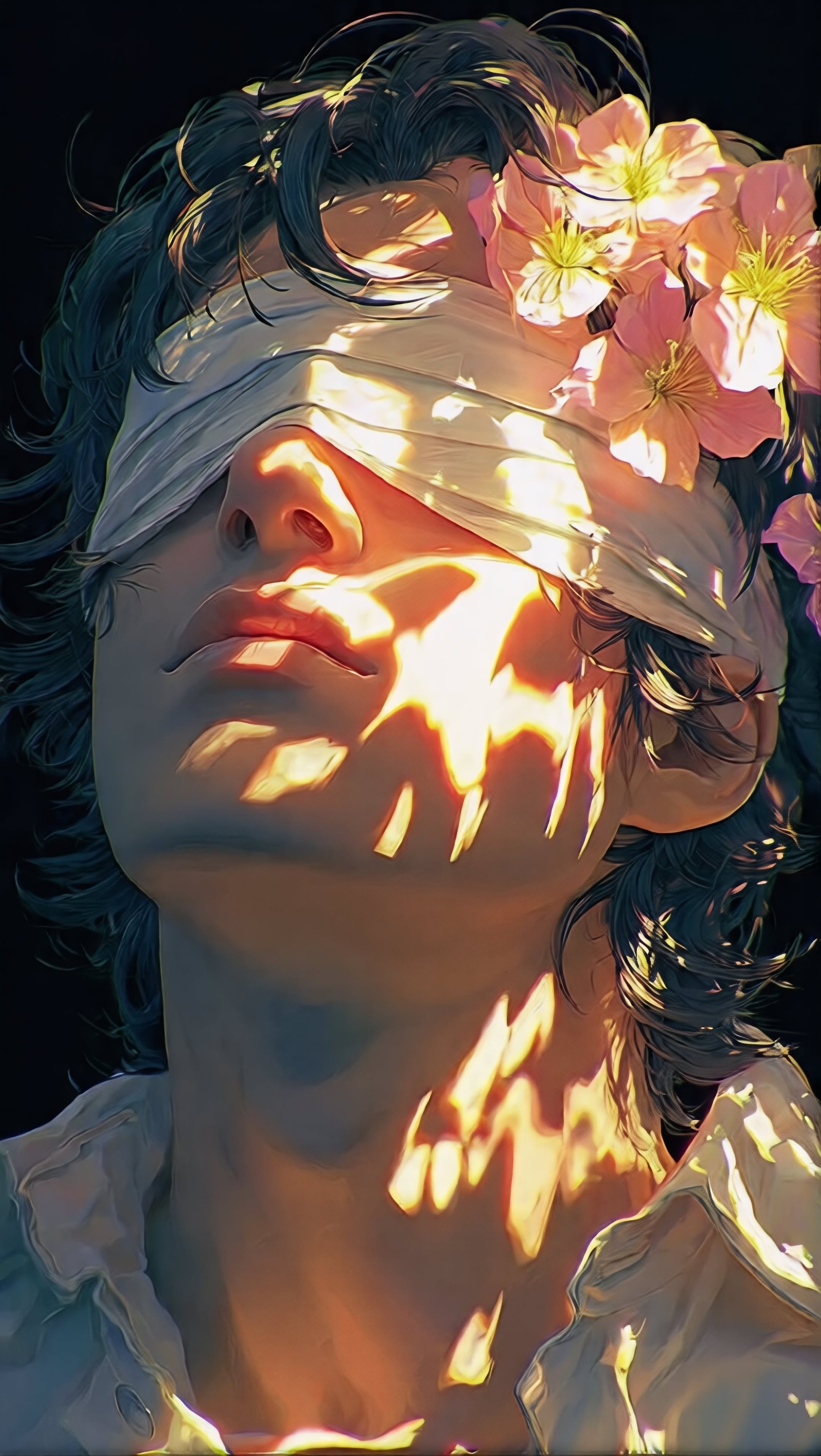 Blindfolded Anime Boy Floral Light vertical phone wallpaper