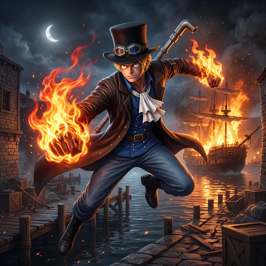 Sabo from One Piece using his Flame-Flame Fruit power and pipe staff in high-resolution anime artwork.