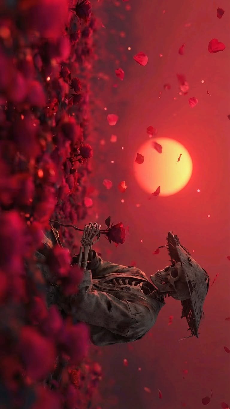 Skeleton Offering Rose Under Red Moon vertical phone wallpaper