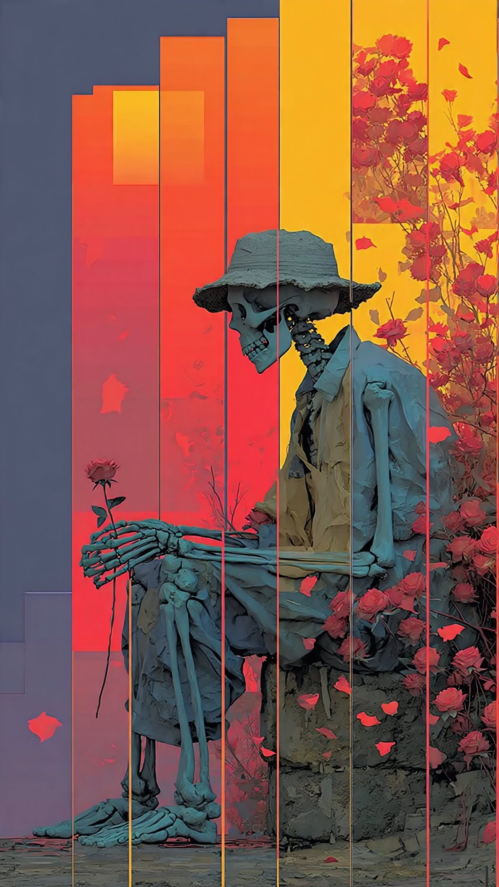 Skeleton Gardener Sunset Graphic vertical phone wallpaper