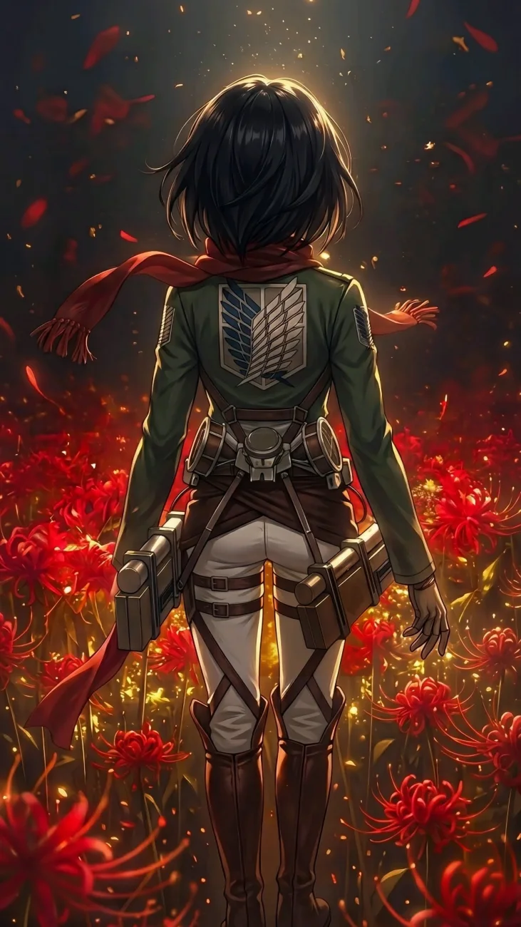 Mikasa Ackerman Red Flower Field vertical phone wallpaper