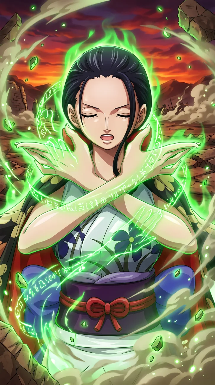 Nico Robin from One Piece featuring high-resolution anime artwork with aesthetic background elements