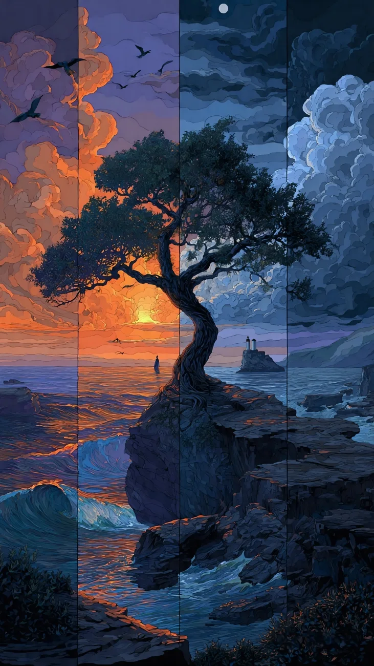 Four Seasons Coastal Tree Wallpaper vertical phone wallpaper