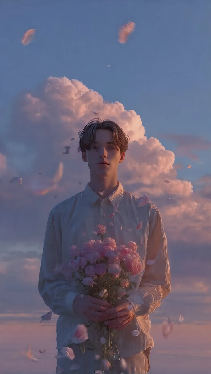 Dreamy Anime Boy Holding Pink Flowers vertical phone wallpaper
