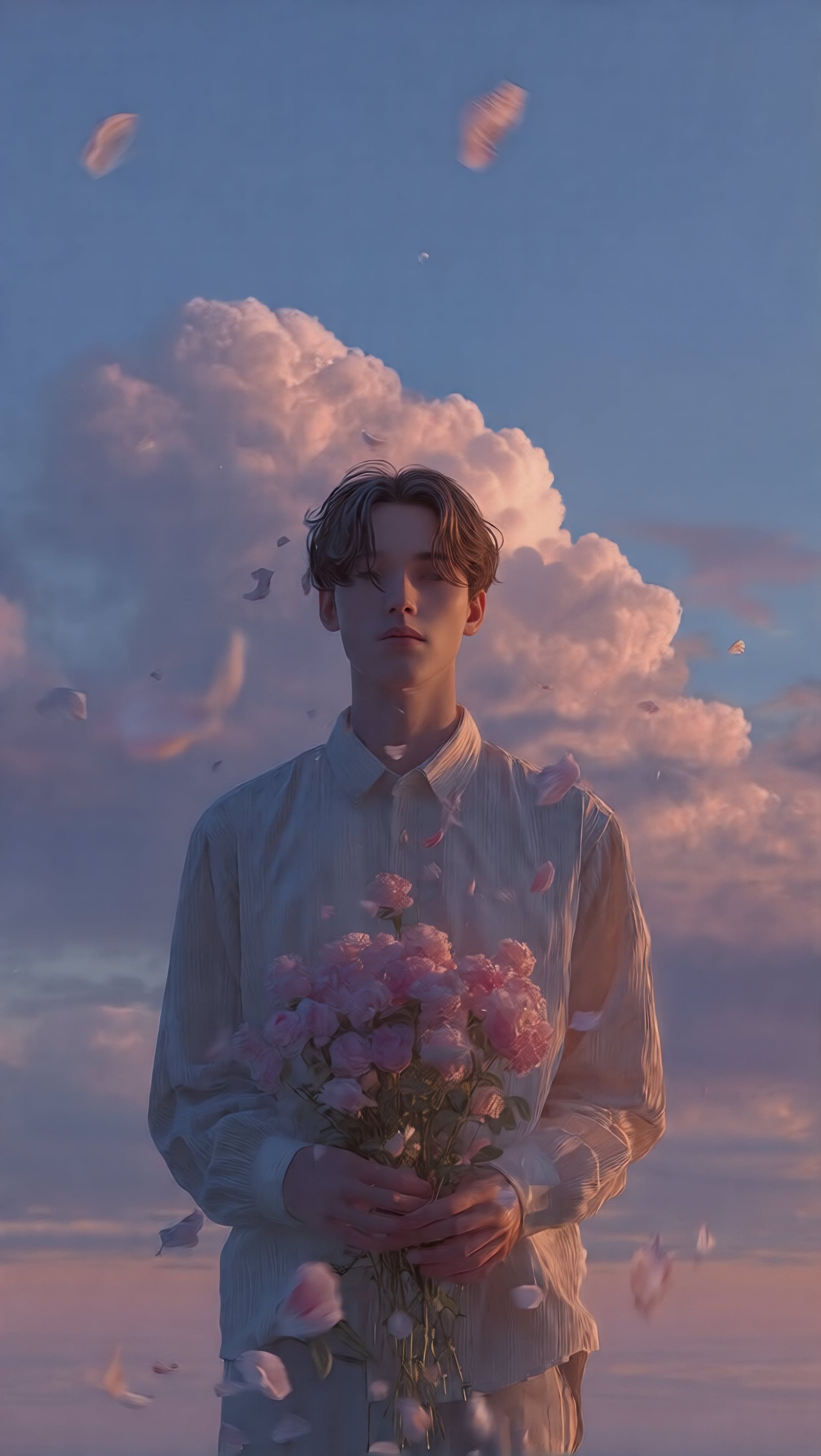 Dreamy Anime Boy Holding Pink Flowers vertical phone wallpaper