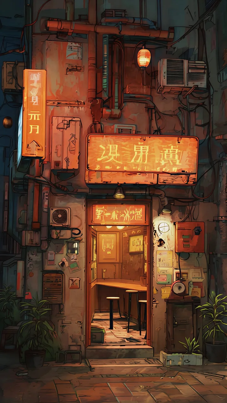 Cozy Anime Alley Cafe at Night vertical phone wallpaper