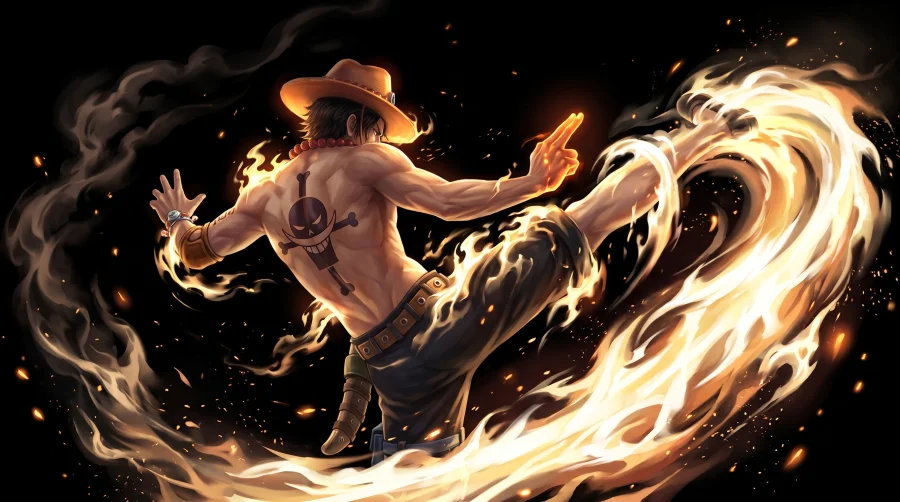 Portgas D. Ace from One Piece using his Mera Mera no Mi fire powers in high-resolution anime artwork.