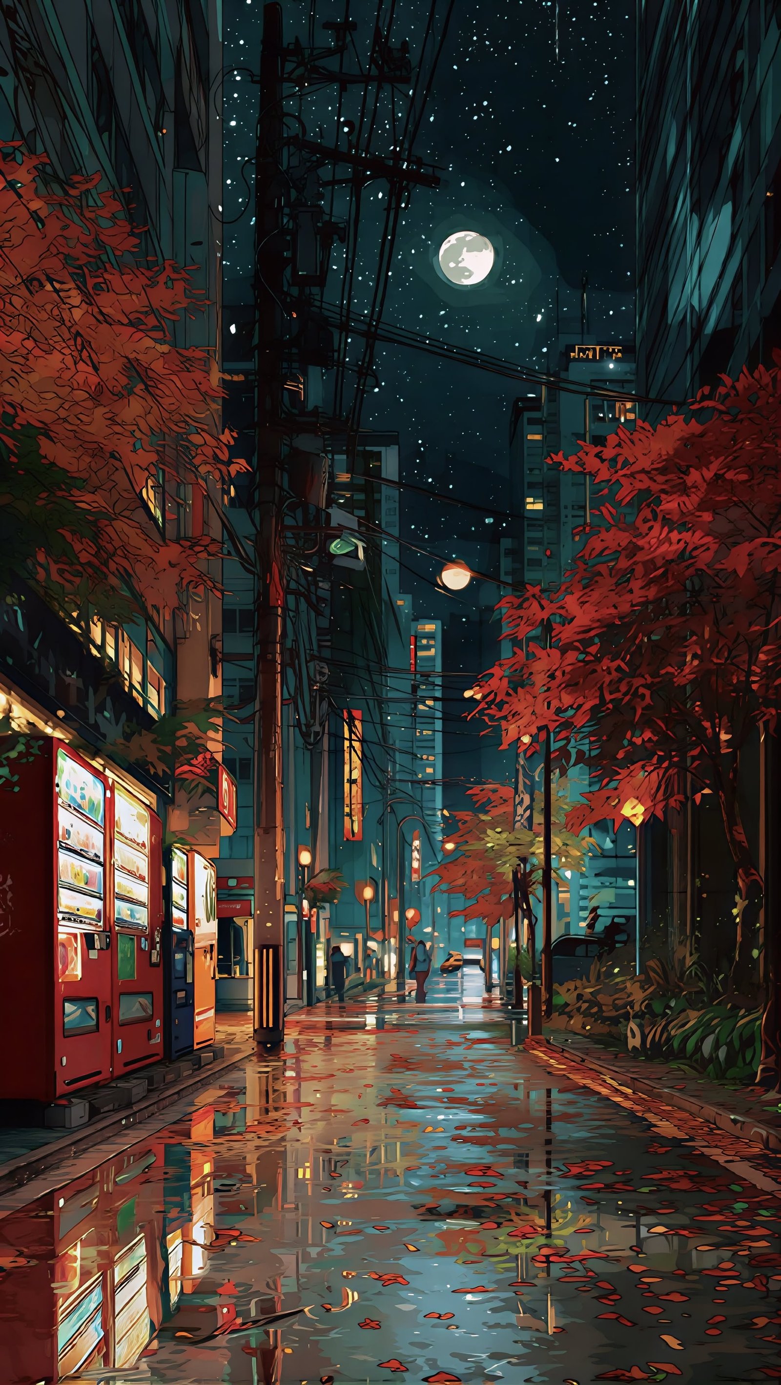 Rainy Tokyo Anime Street at Night vertical phone wallpaper