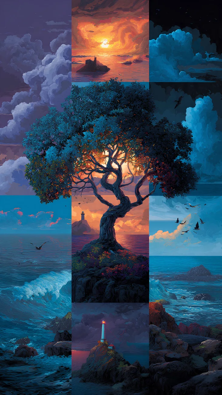 Four Seasons Tree and Lighthouse Seascape vertical phone wallpaper