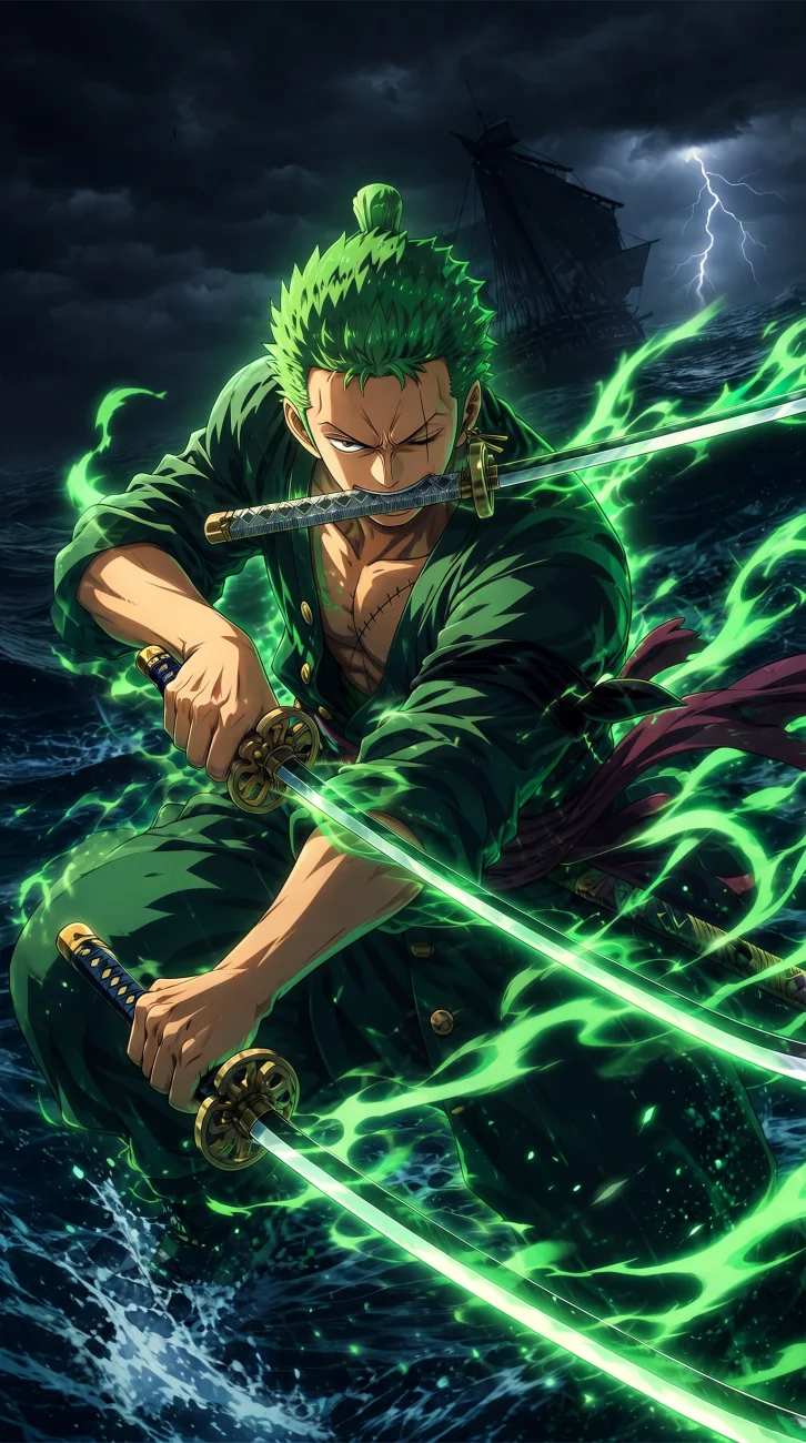 Roronoa Zoro from One Piece in Three Sword Style Santoryu battle pose with katanas