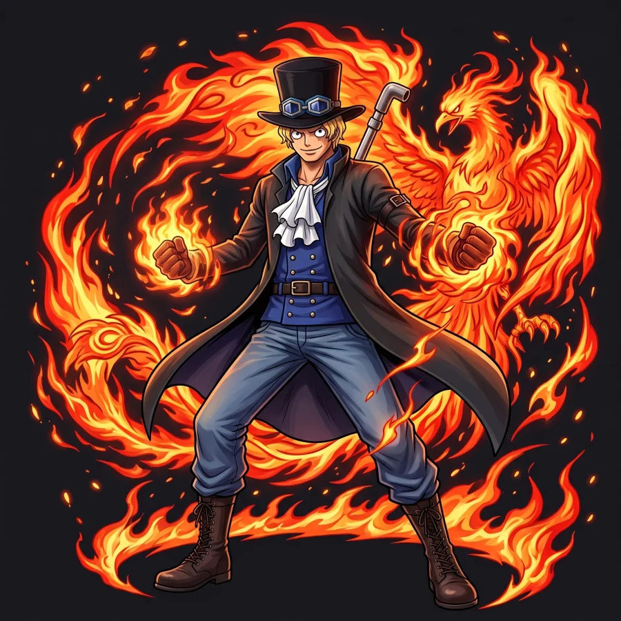 Sabo from One Piece using his Flame-Flame Fruit power and pipe staff in high-resolution anime artwork.