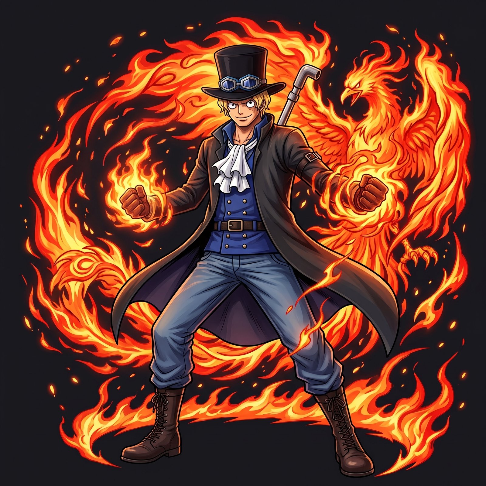 Sabo from One Piece using his Flame-Flame Fruit power and pipe staff in high-resolution anime artwork.