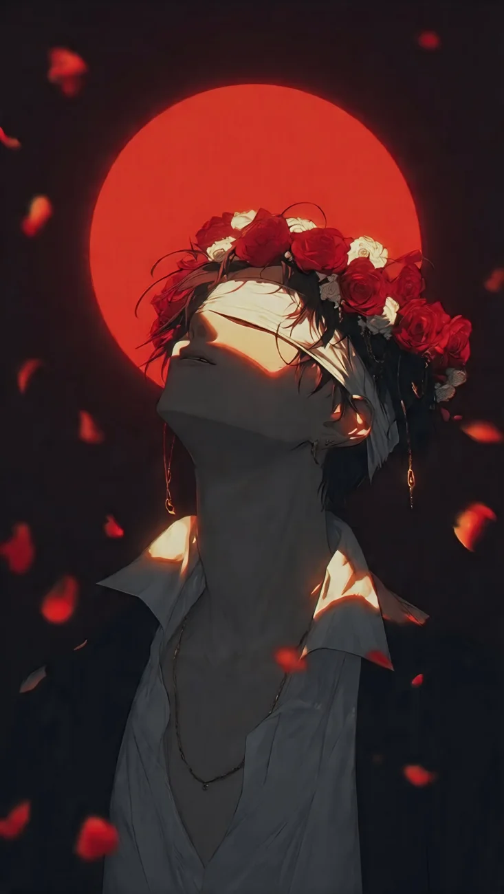 Blindfolded Anime Boy Red Moon Roses vertical phone wallpaper