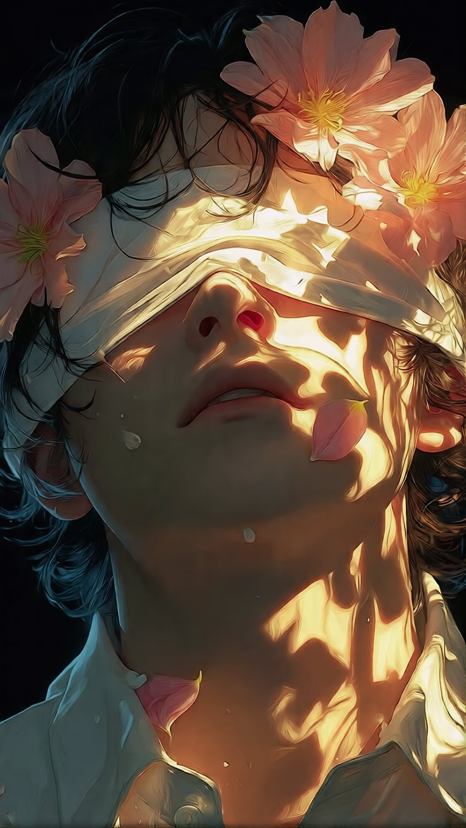 Blindfolded Anime Boy with Peach Flowers vertical phone wallpaper