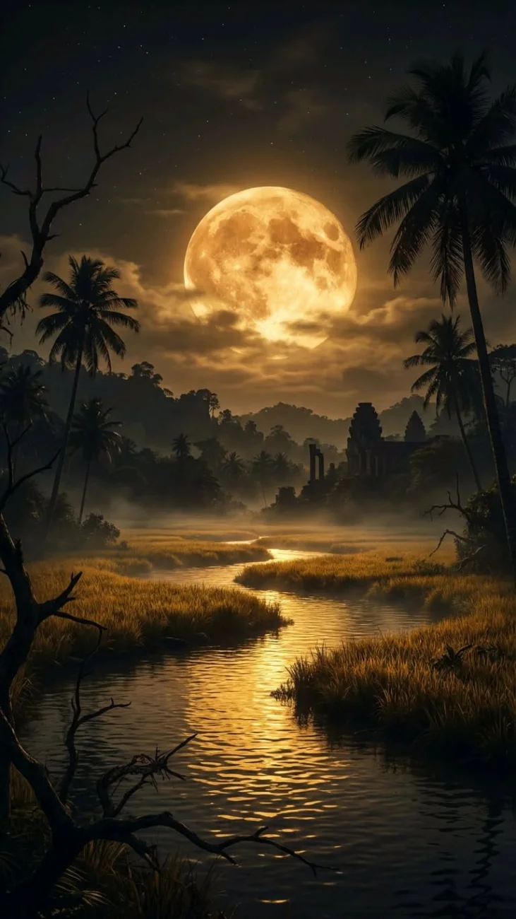 Golden Full Moon River Landscape vertical phone wallpaper