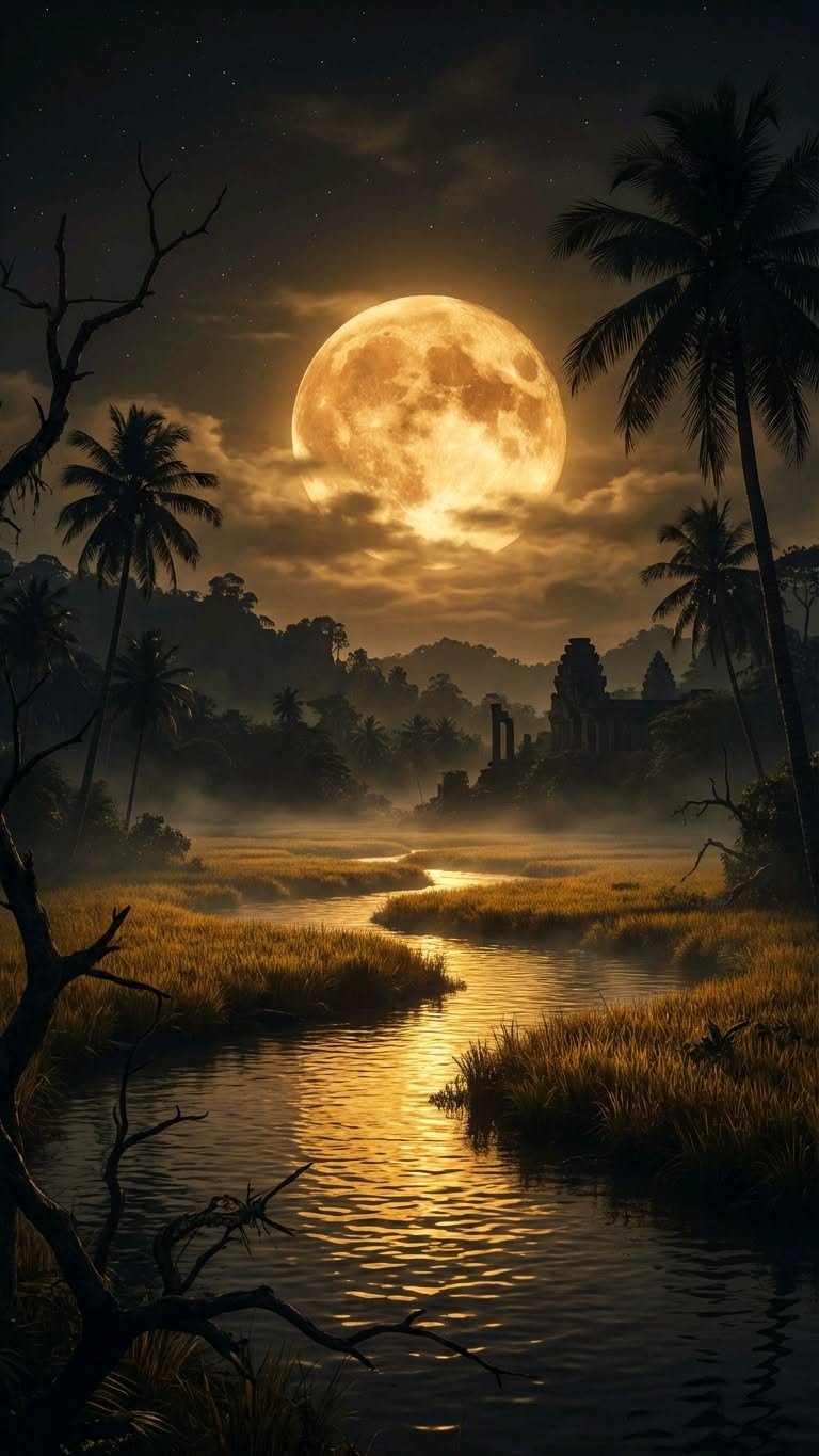 Golden Full Moon River Landscape vertical phone wallpaper