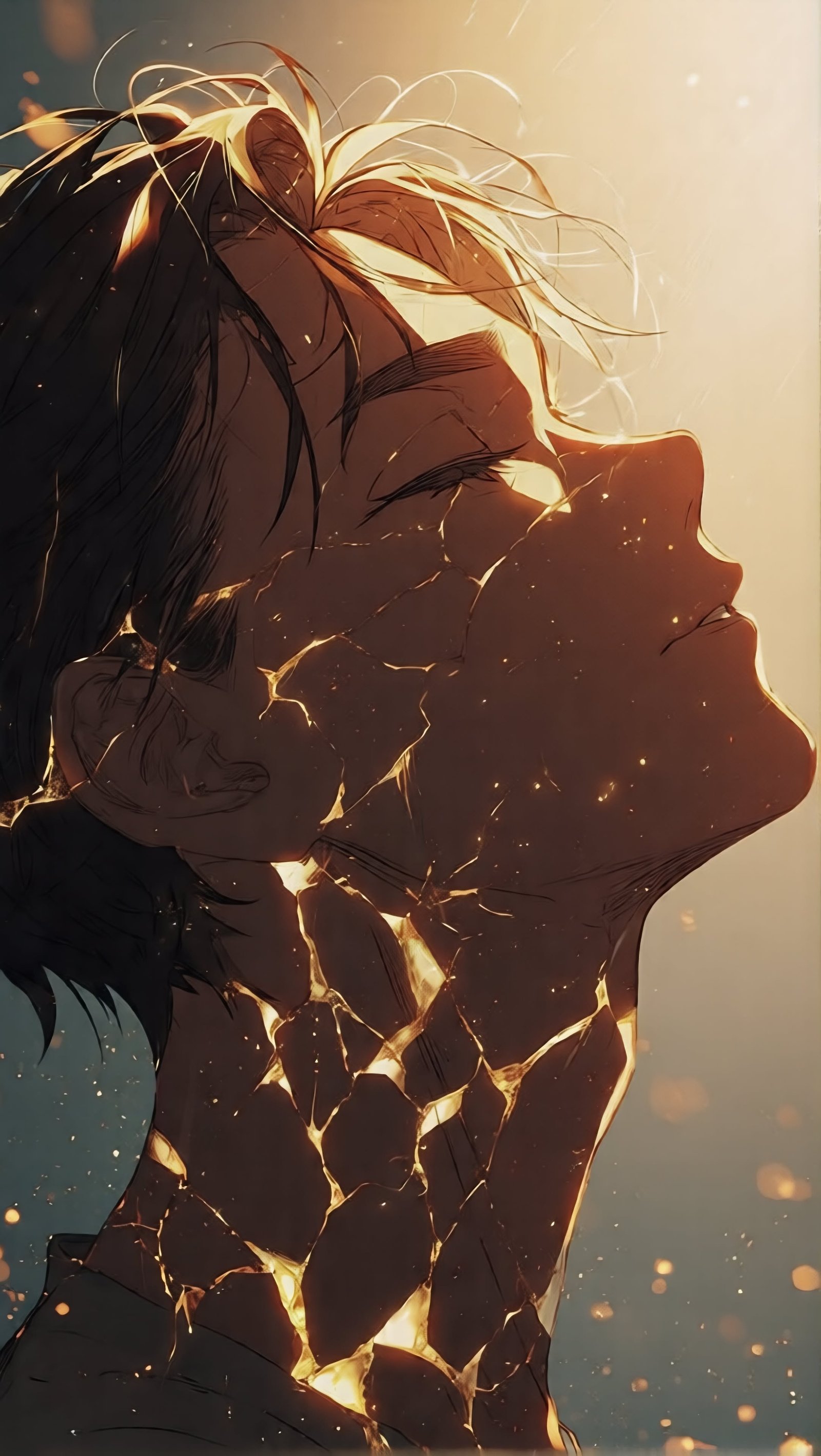 Golden Cracked Anime Boy Portrait vertical phone wallpaper