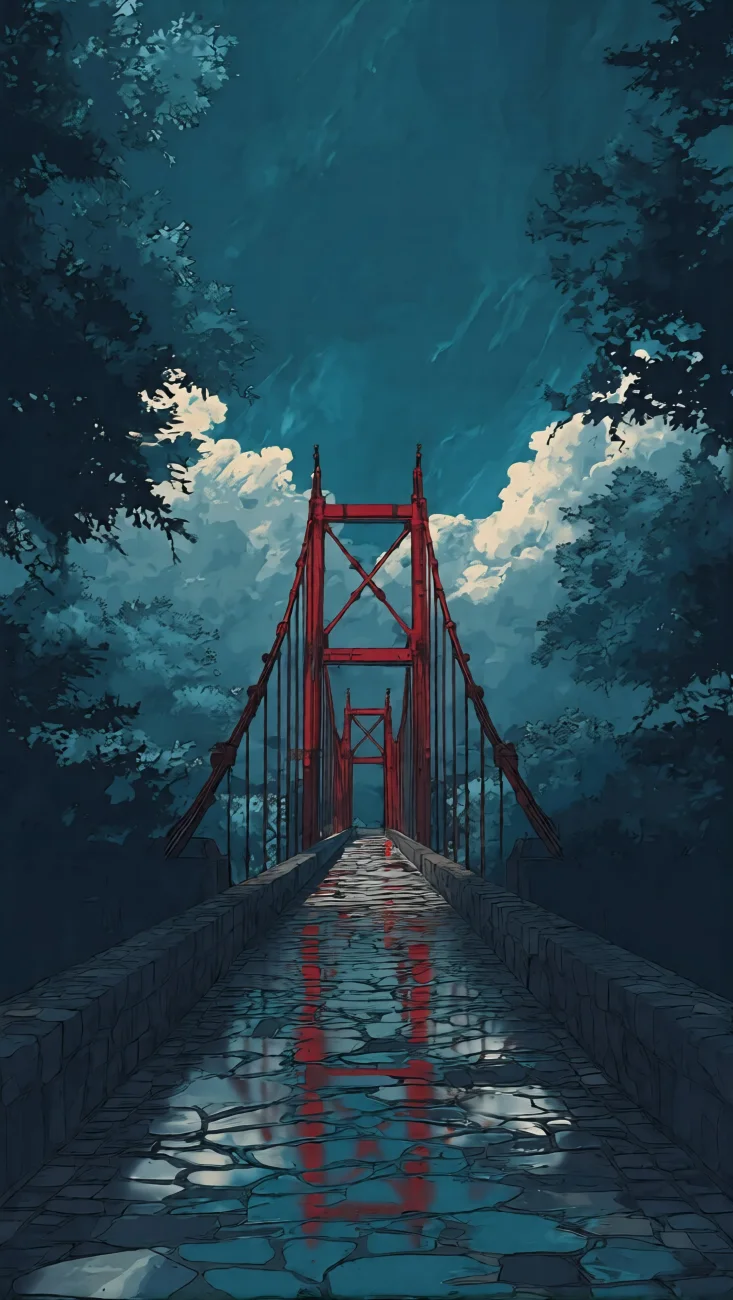 Rainy Suspension Bridge Anime Scenery vertical phone wallpaper