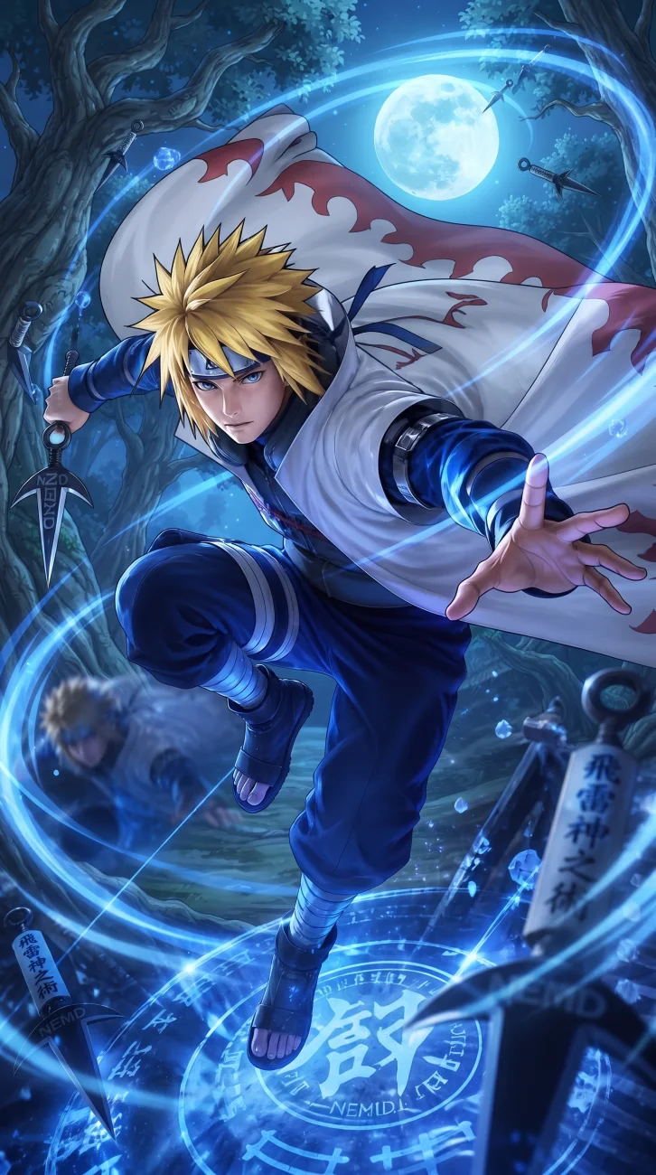 Minato Namikaze Flying Raijin 4K Wallpaper | High-Quality Anime Art