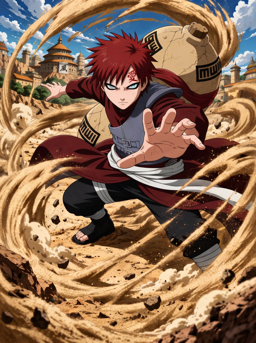 Gaara from Naruto Shippuden with his sand gourd and Kazekage attire