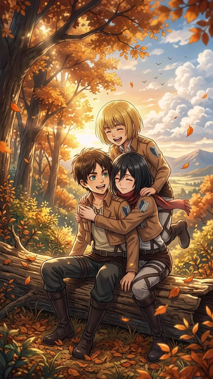 Eren Mikasa Armin Autumn Friendship vertical phone wallpaper