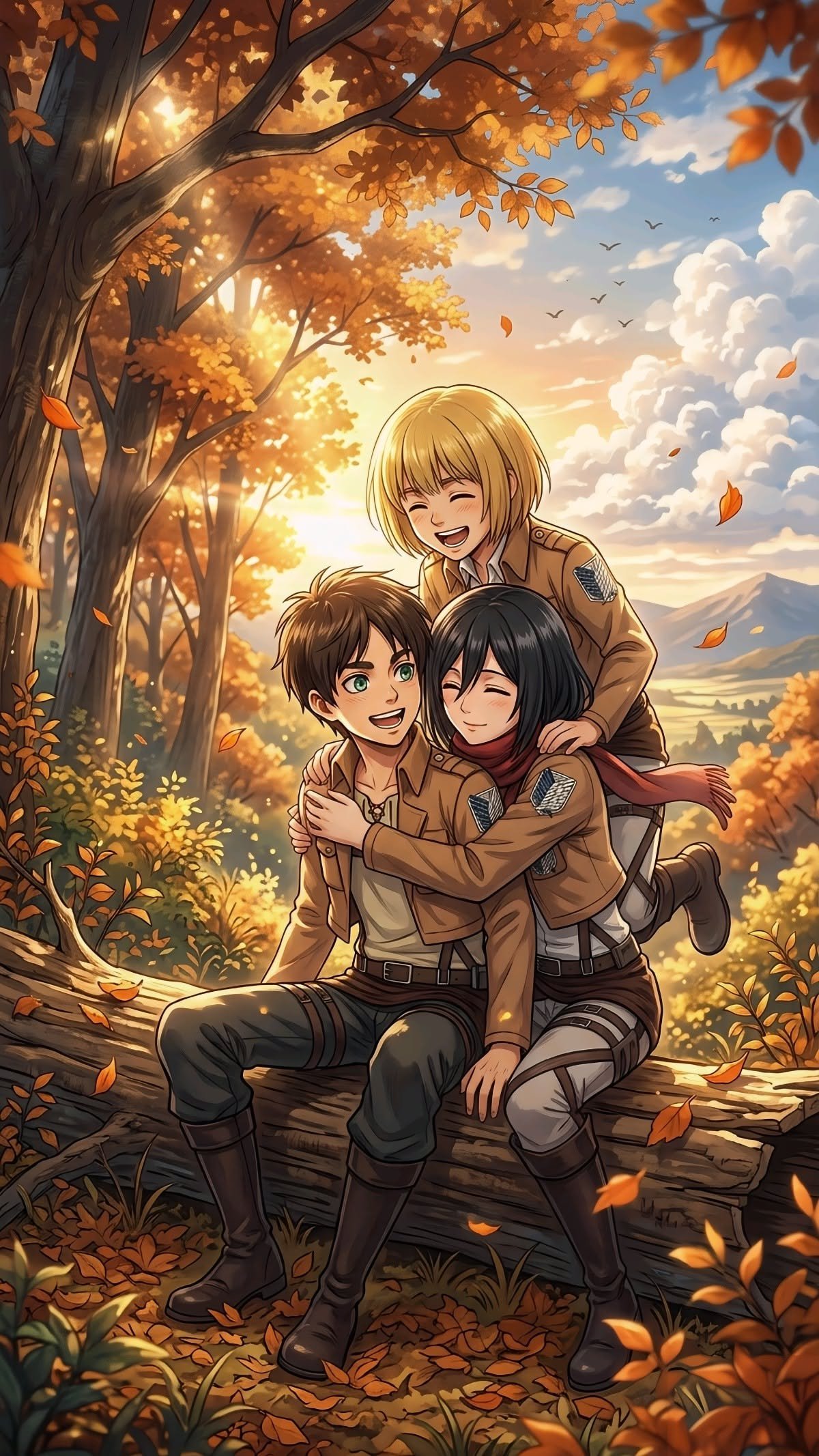 Eren Mikasa Armin Autumn Friendship vertical phone wallpaper