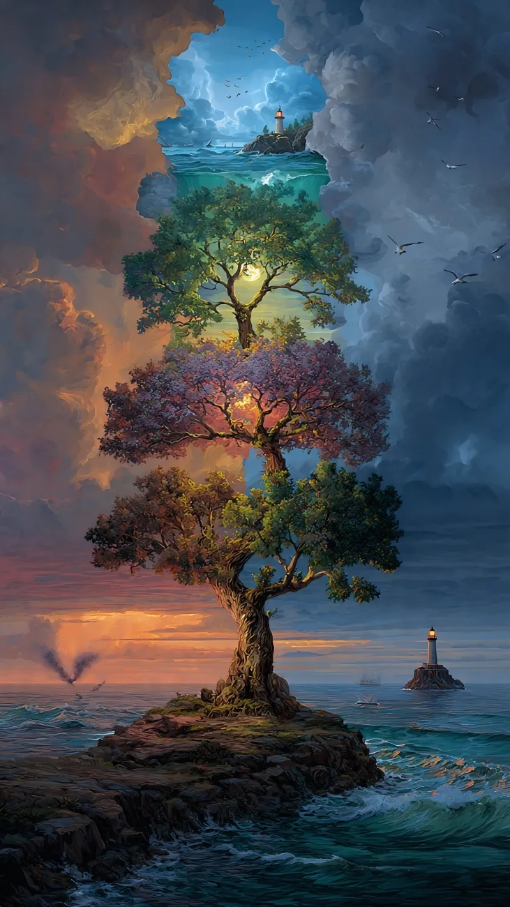 Four Seasons Tree Island Landscape vertical phone wallpaper