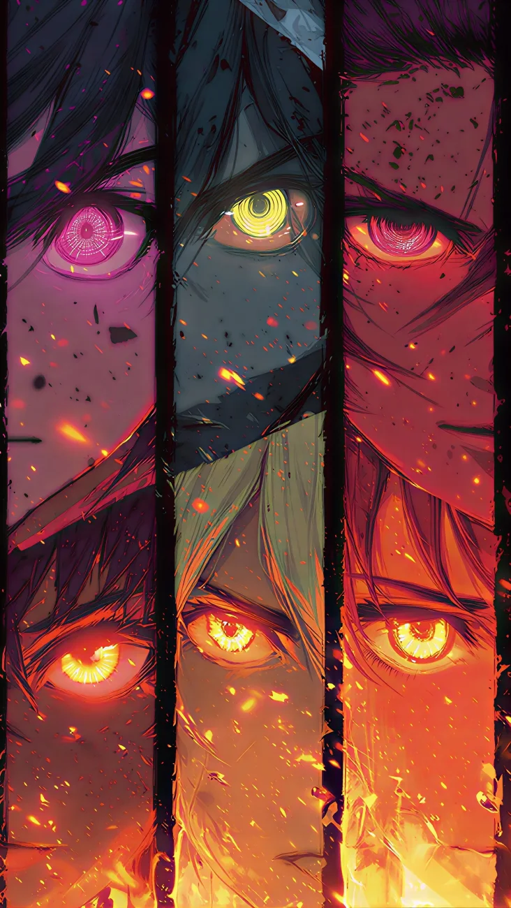 Glowing Anime Eye Powers Collage vertical phone wallpaper
