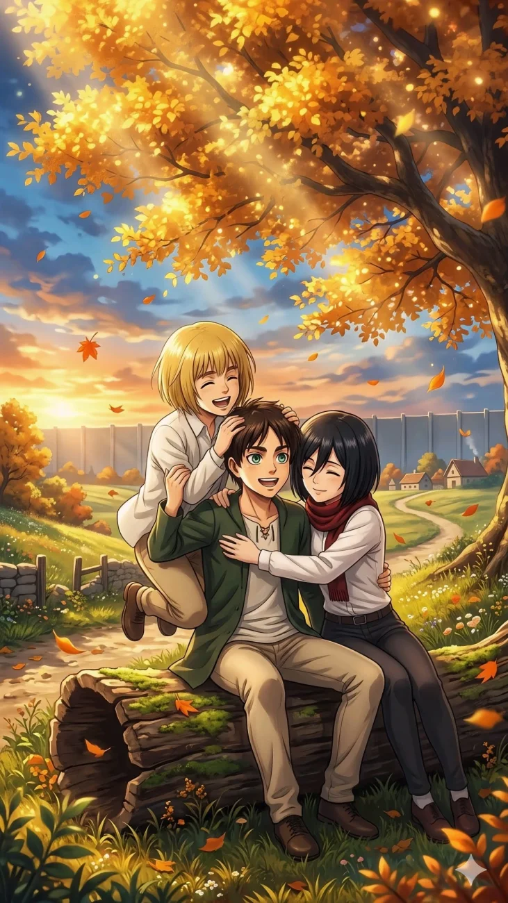 Eren Mikasa Armin Golden Field Friendship vertical phone wallpaper