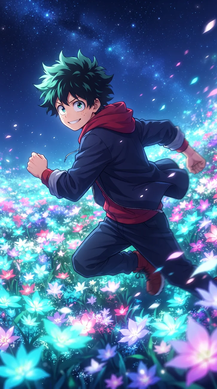 Aesthetic Izuku Midoriya wallpaper with bright glowing flowers and a night sky background