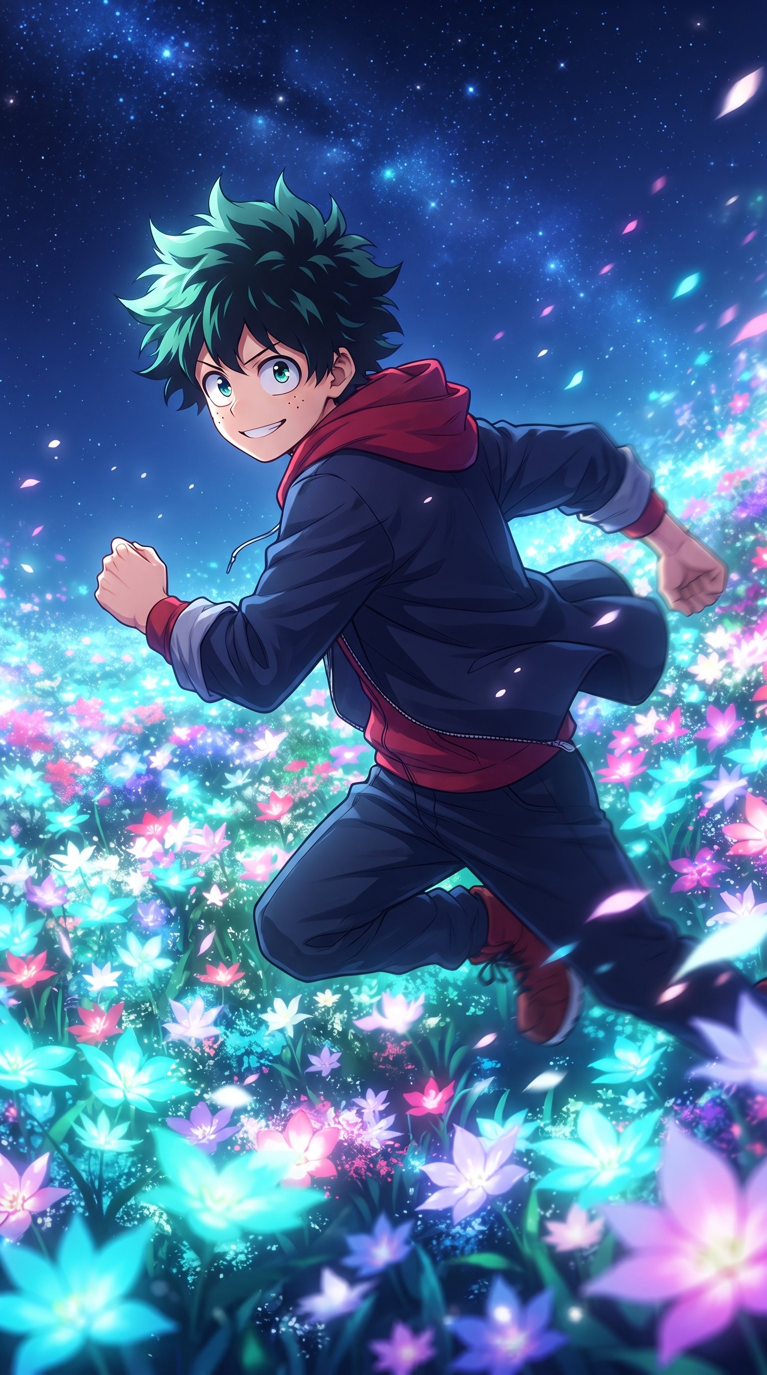 Aesthetic Izuku Midoriya wallpaper with bright glowing flowers and a night sky background