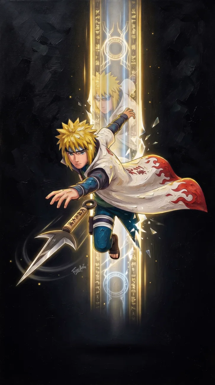 Minato Namikaze the Fourth Hokage wearing his cloak with Flying Raijin kunai in an action pose