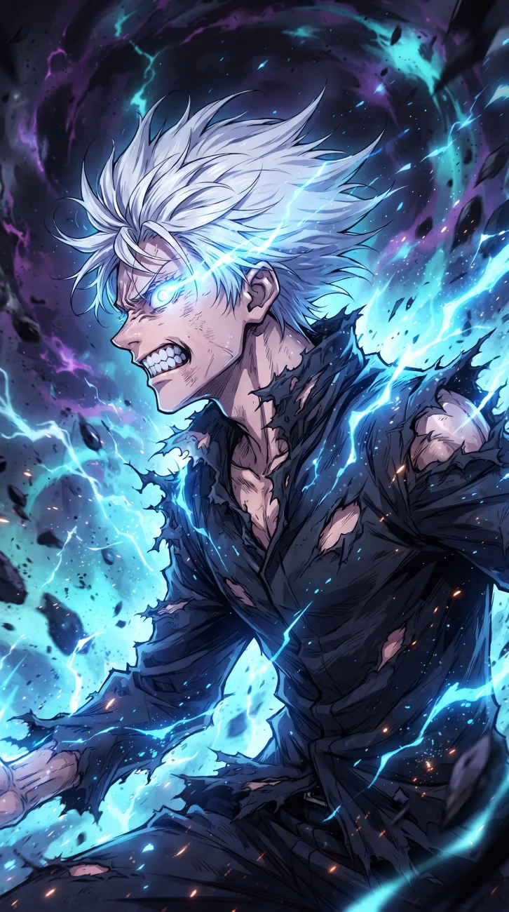 Anime artwork of Gojo Satoru with silver hair, exposing one brilliant blue eye while surrounded by violet cursed energy aura.