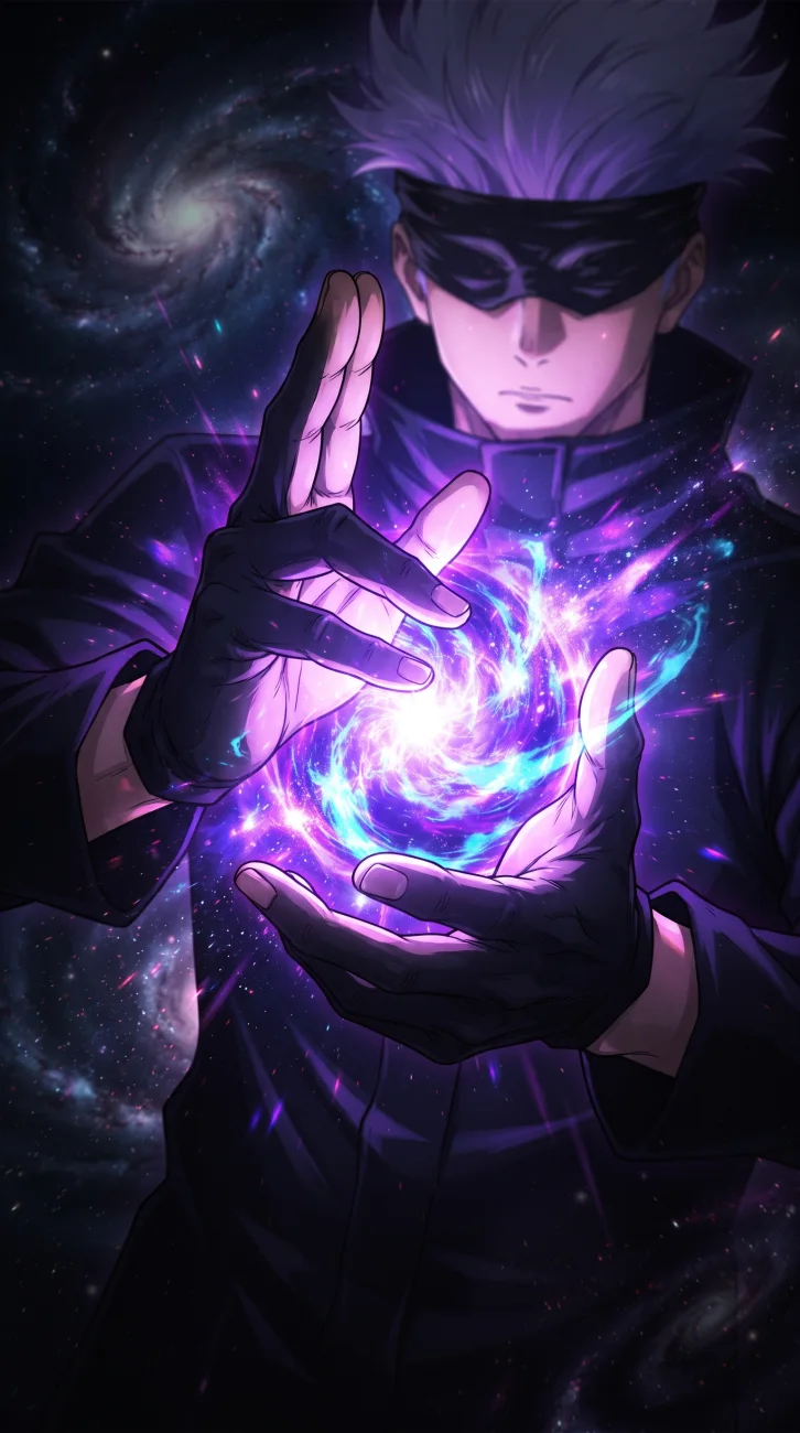 Satoru Gojo from Jujutsu Kaisen with white hair and a dark blindfold slightly pulled back, emitting glowing purple cursed energy against a dark background.