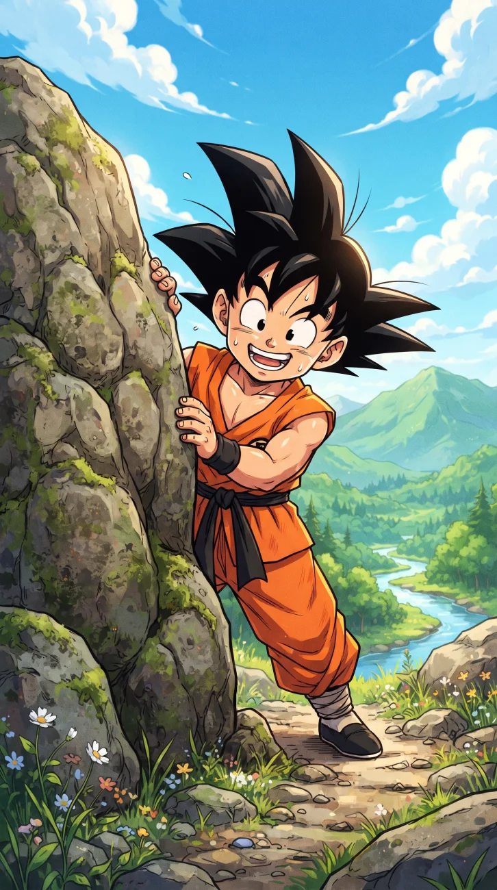 Cute Young Goku Peeking Behind Rock Wallpaper