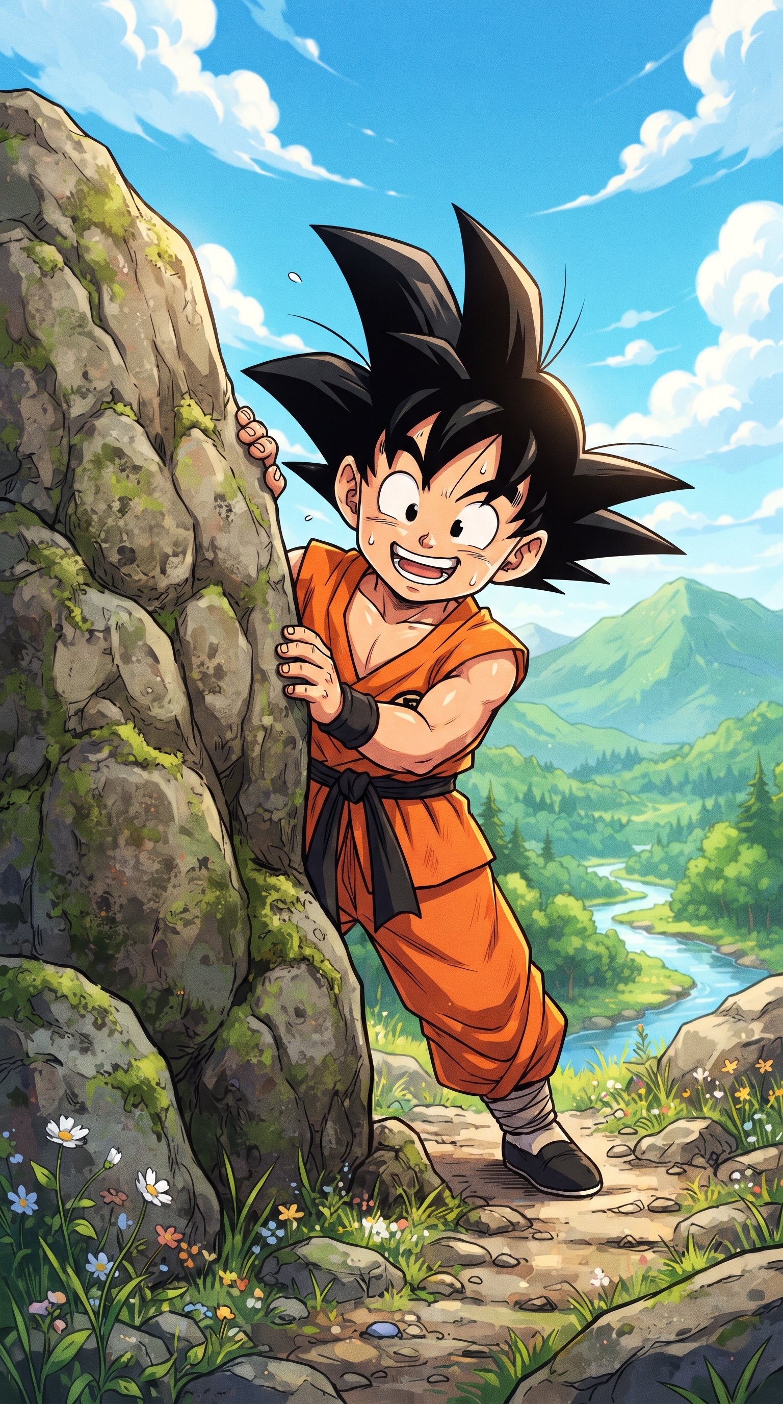 Cute Young Goku Peeking Behind Rock Wallpaper